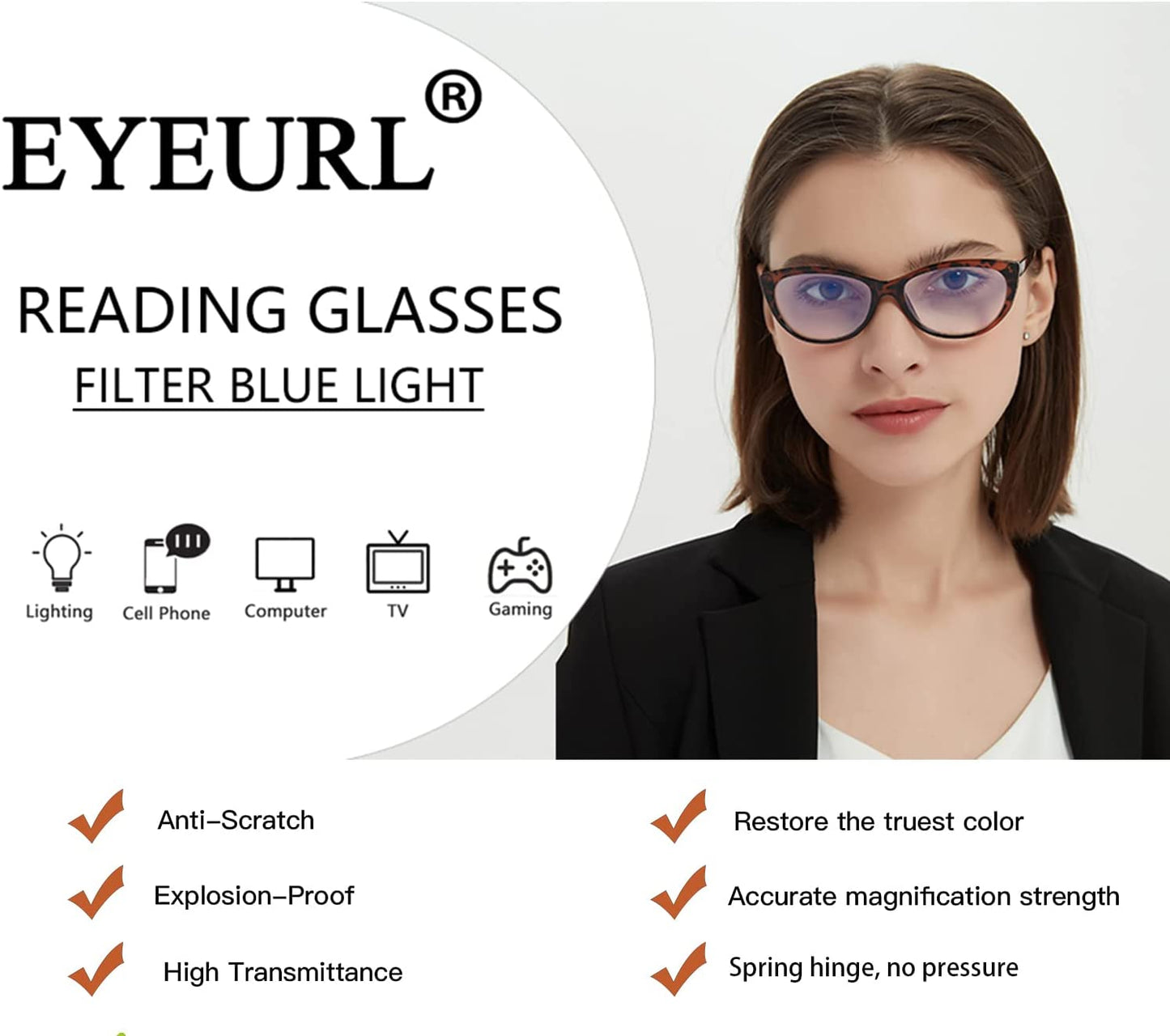 EYEURL 4 Pack Cat Eye Reading Glasses for Women, Blue Light Blocking Readers Lightweight Spring Hinge Anti Eyestrain UV Fashion Eyeglasses +1.50
