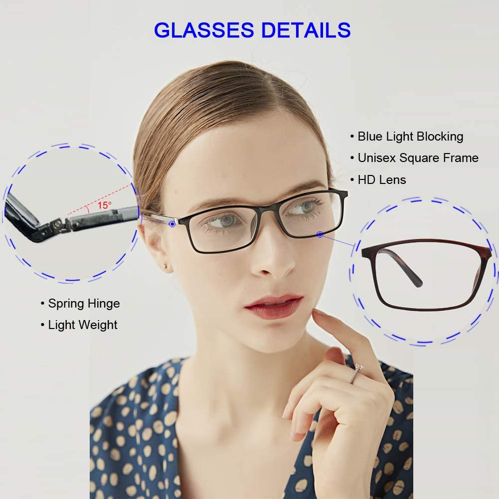 Reading Glasses Blue Light Blocking - 2 Pack Rectangle Frame Computer Readers Women Men Spring Hinge Arms Lightweight Comfortble