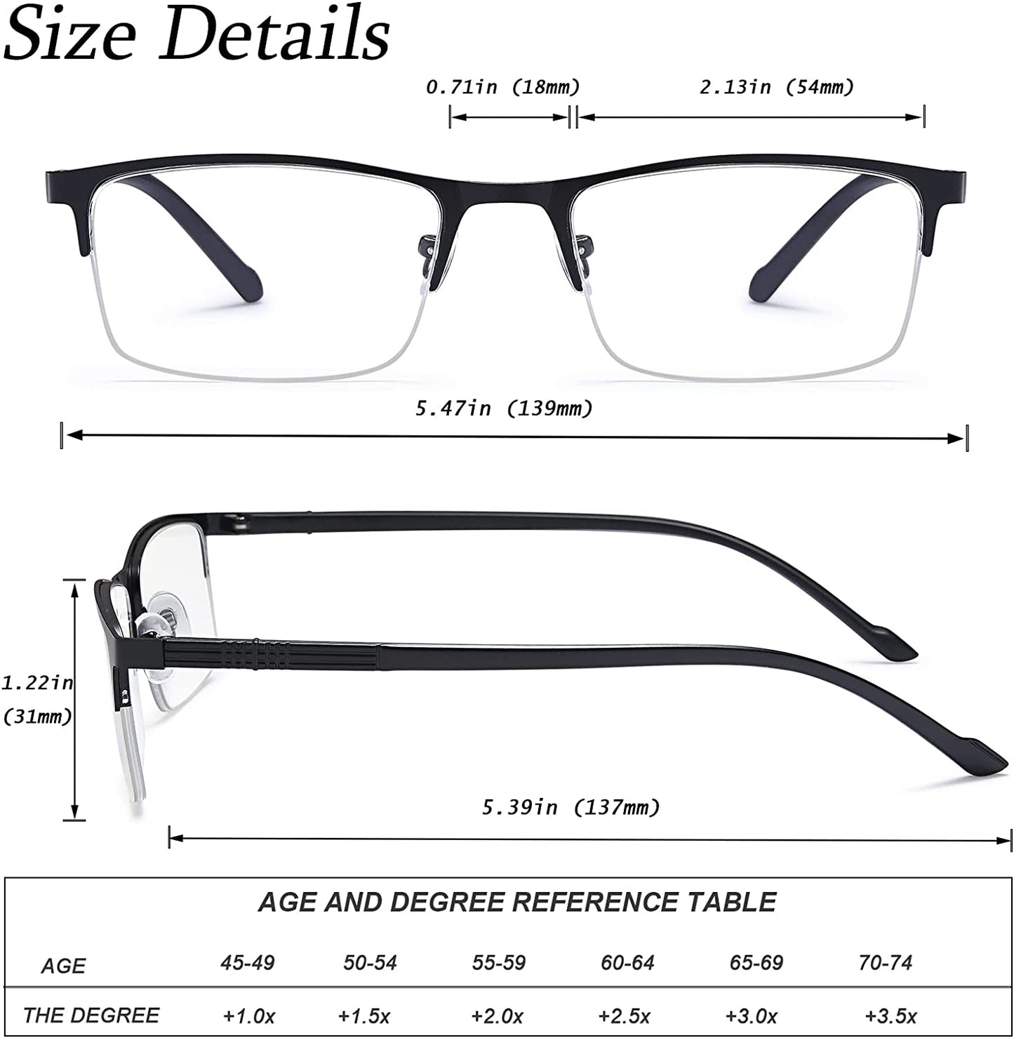 EYEURL 3 Pack Reading Glasses for Men and Women, Rectangular Metal Half Frame Blue Light Blocking Readers Anti Eyestrain 1.0