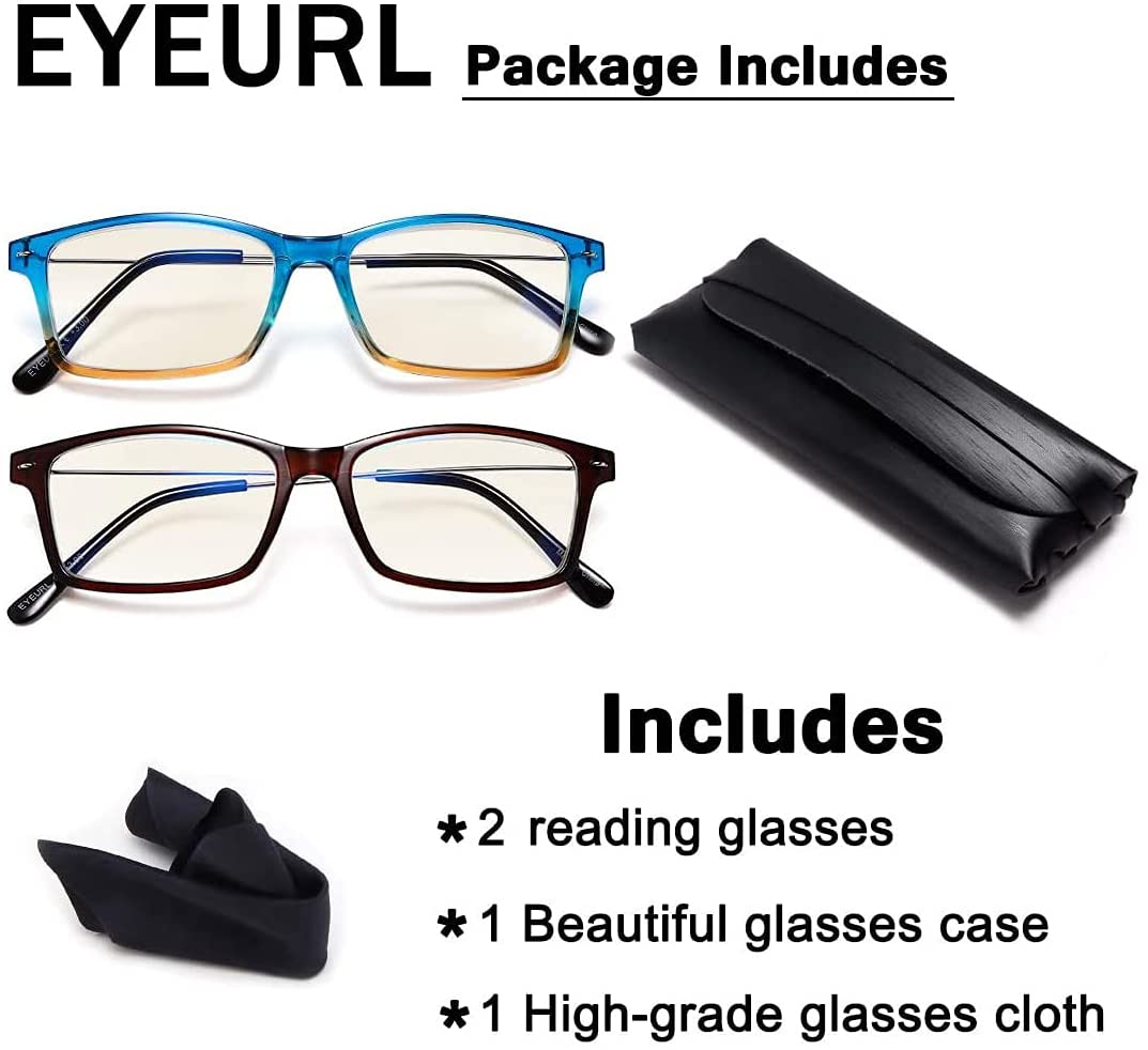 Reading Glasses Blue Light Blocking - 2 Pairs Anti-blue Readers for Men and Women Lightweight Quality Blue Screen Eyeglass