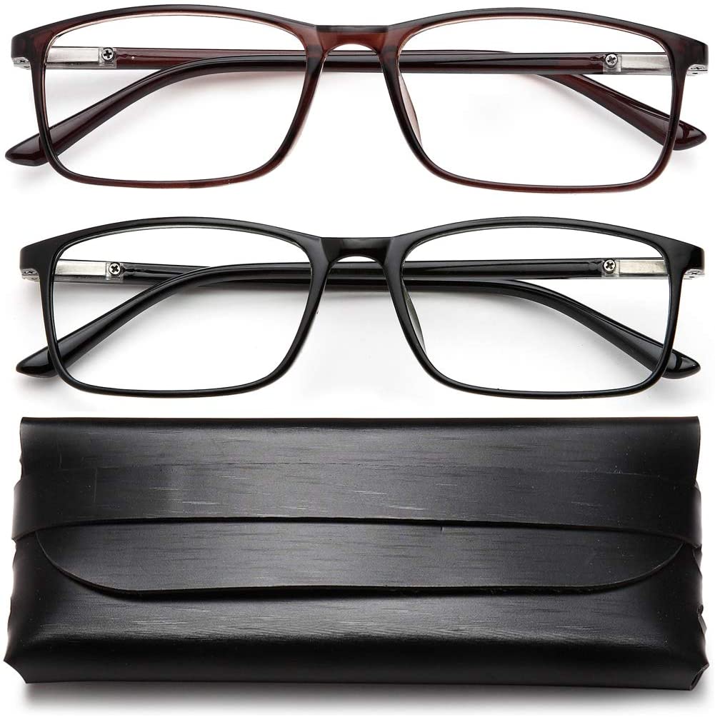 Reading Glasses Blue Light Blocking - 2 Pack Rectangle Frame Computer Readers Women Men Spring Hinge Arms Lightweight Comfortble