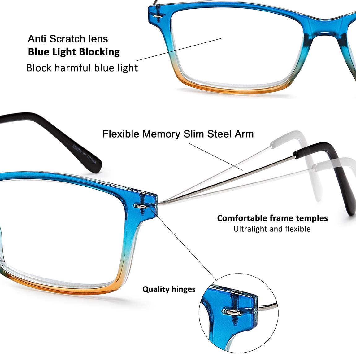 Blue Light Blocking Reading Glasses - EYEURL 2 Pairs Computer Readers for Men and Women +2.25 Choose Your Magnification Lightweight and Comfortable