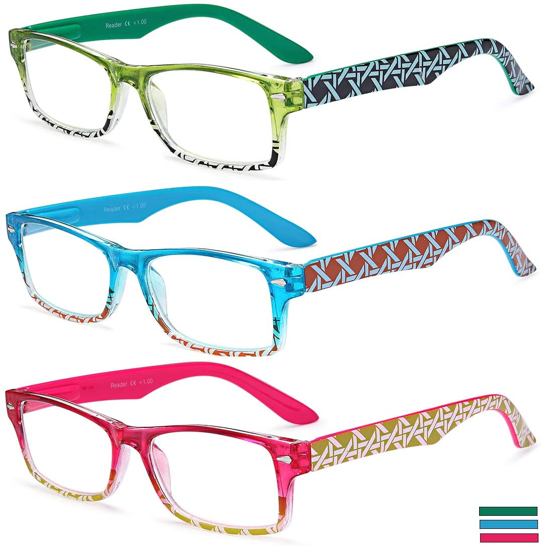 EYEURL 3 Pack Reading Glasses for Women - Blue Light Blocking, Fashion Computer Readers with Spring Hinge, Colorful Pattern in Red/Black/Yellow, 2.0 Magnification