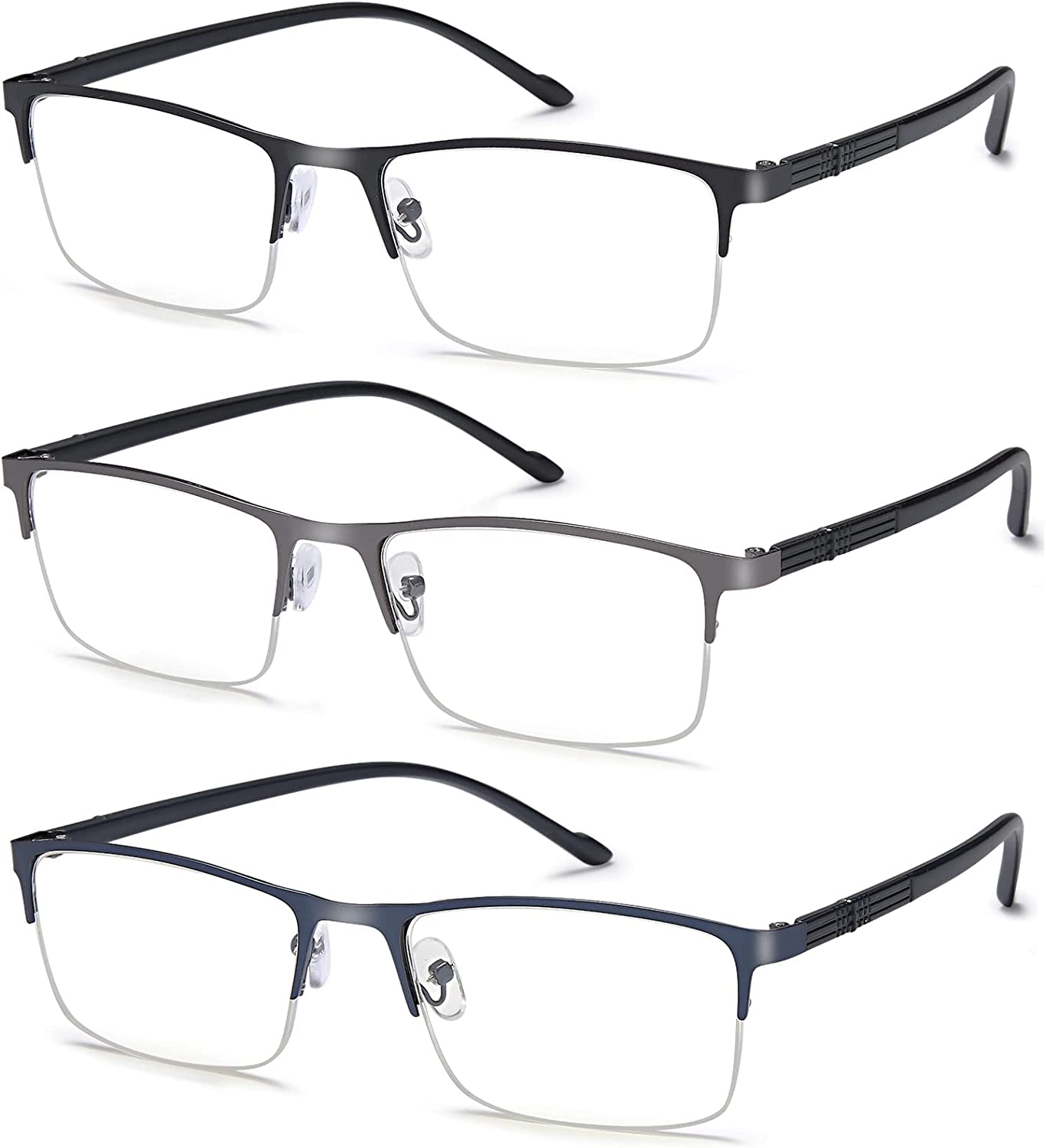EYEURL 3 Pack Reading Glasses for Men and Women, Rectangular Metal Half Frame Blue Light Blocking Readers Anti Eyestrain 1.0