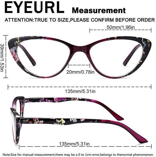 Cat Eye Reading Glasses for Womens - EYEURL 2 Pack of Blue Light Blocking Readers +3.0 Spring Hinge Vintage Computer Eyeglass with Colorful Pattern Design