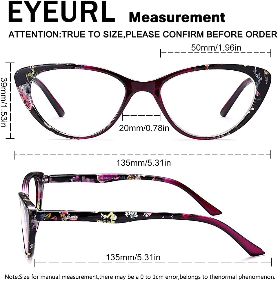 Cat Eye Reading Glasses for Womens -EYEURL 2 Pack of Computer Blue Light Blocking Readers +1.25 Spring Hinge Pattern Design Eyeglass Choose Your Magnification