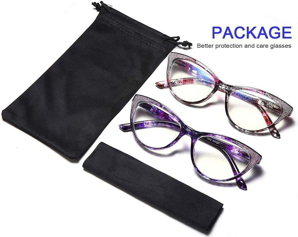 Reading Glasses Women Cateye 2 Pair Computer Blue Light Blocking Glasses Readers Ultra Lightweight Eyeglasses Reduce Eye Fatigue