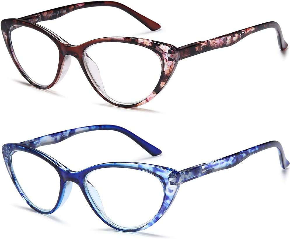 EYEURL 2 Pack Cat Eye Reading Glasses for Women - 1.25 Blue Light Blocking Computer Readers with Spring Hinge, Ultra-Light Pattern Design Eyeglasses