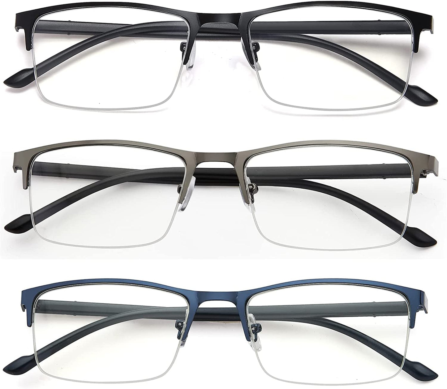 EYEURL 3 Pack Reading Glasses for Men and Women, Rectangular Metal Half Frame Blue Light Blocking Readers Anti Eyestrain 1.0