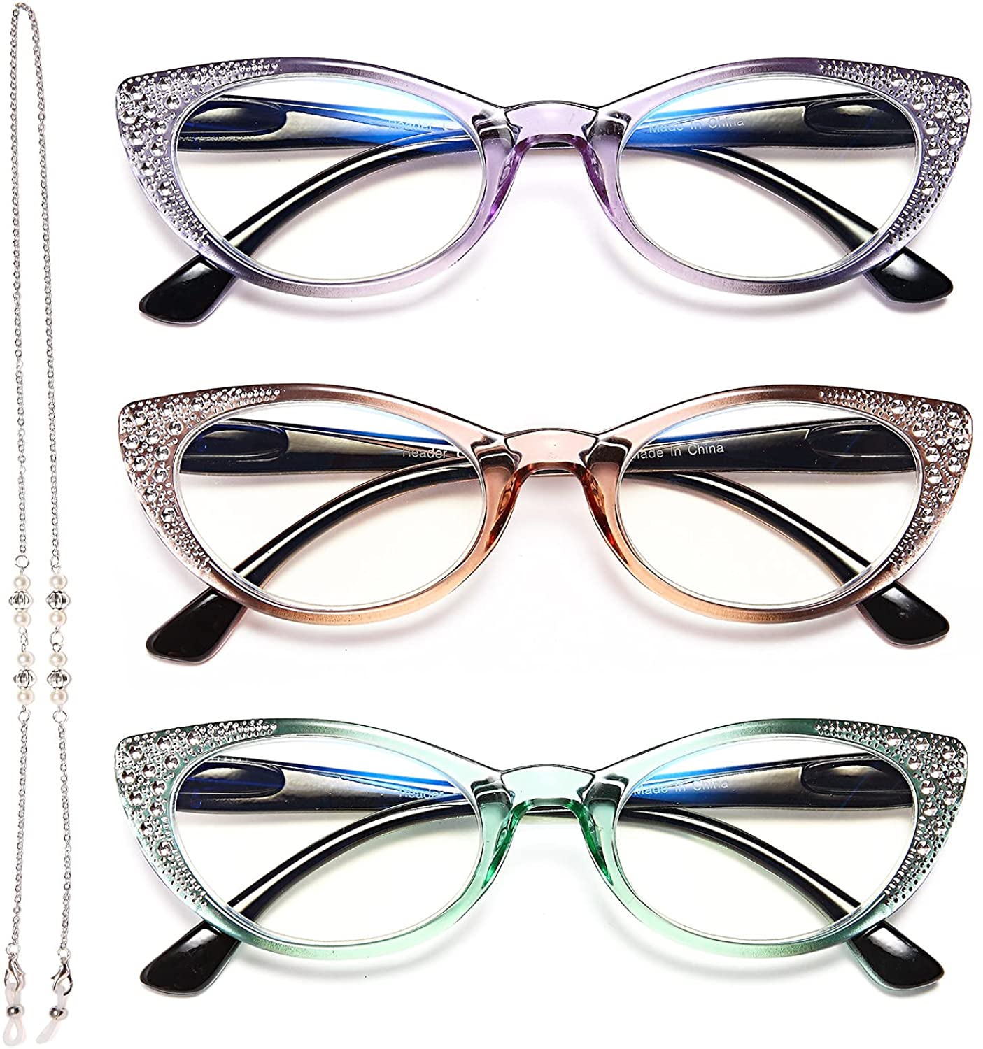 Cat Eye Reading Glasses Women Blue Light Blocking -EYEURL 3 Pack Computer Readers Spring Hinge Lightweight Frames