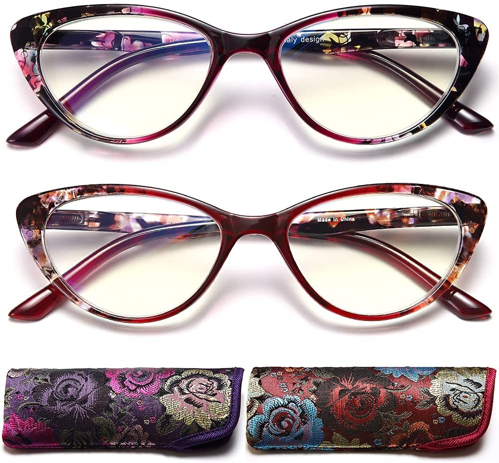 EYEURL 2 Pack Cat Eye Reading Glasses for Women - 1.25 Magnification, Blue Light Blocking Computer Readers, Ultra-Light with Spring Hinge, Stylish Pattern Design