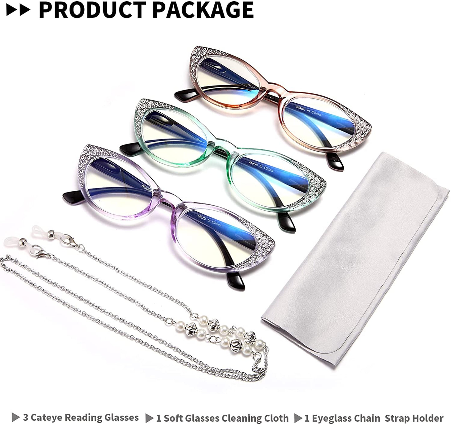 Cat Eye Reading Glasses Women Blue Light Blocking -EYEURL 3 Pack Computer Readers Spring Hinge Lightweight Frames