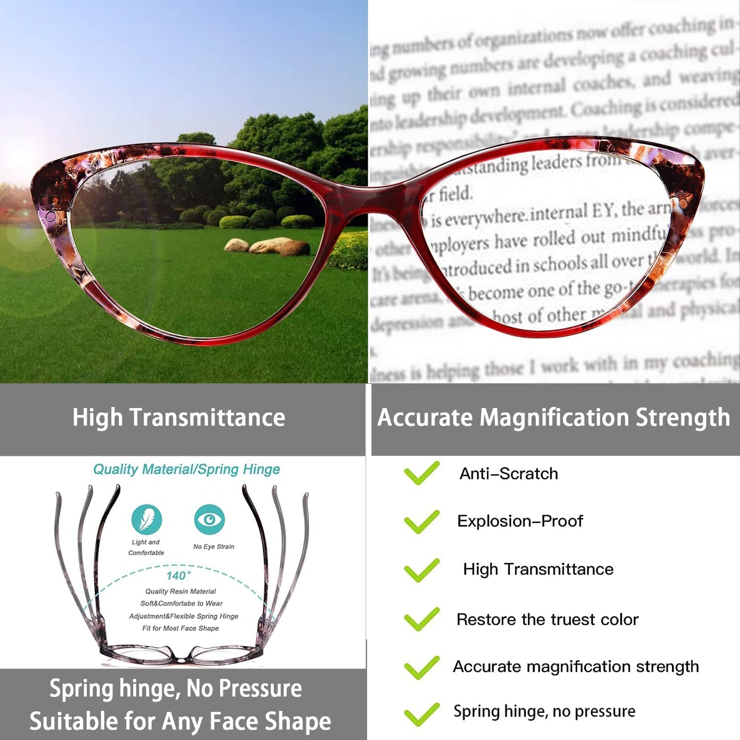 Cat Eye Reading Glasses for Womens -EYEURL 2 Pack of Computer Blue Light Blocking Readers +1.25 Spring Hinge Pattern Design Eyeglass Choose Your Magnification