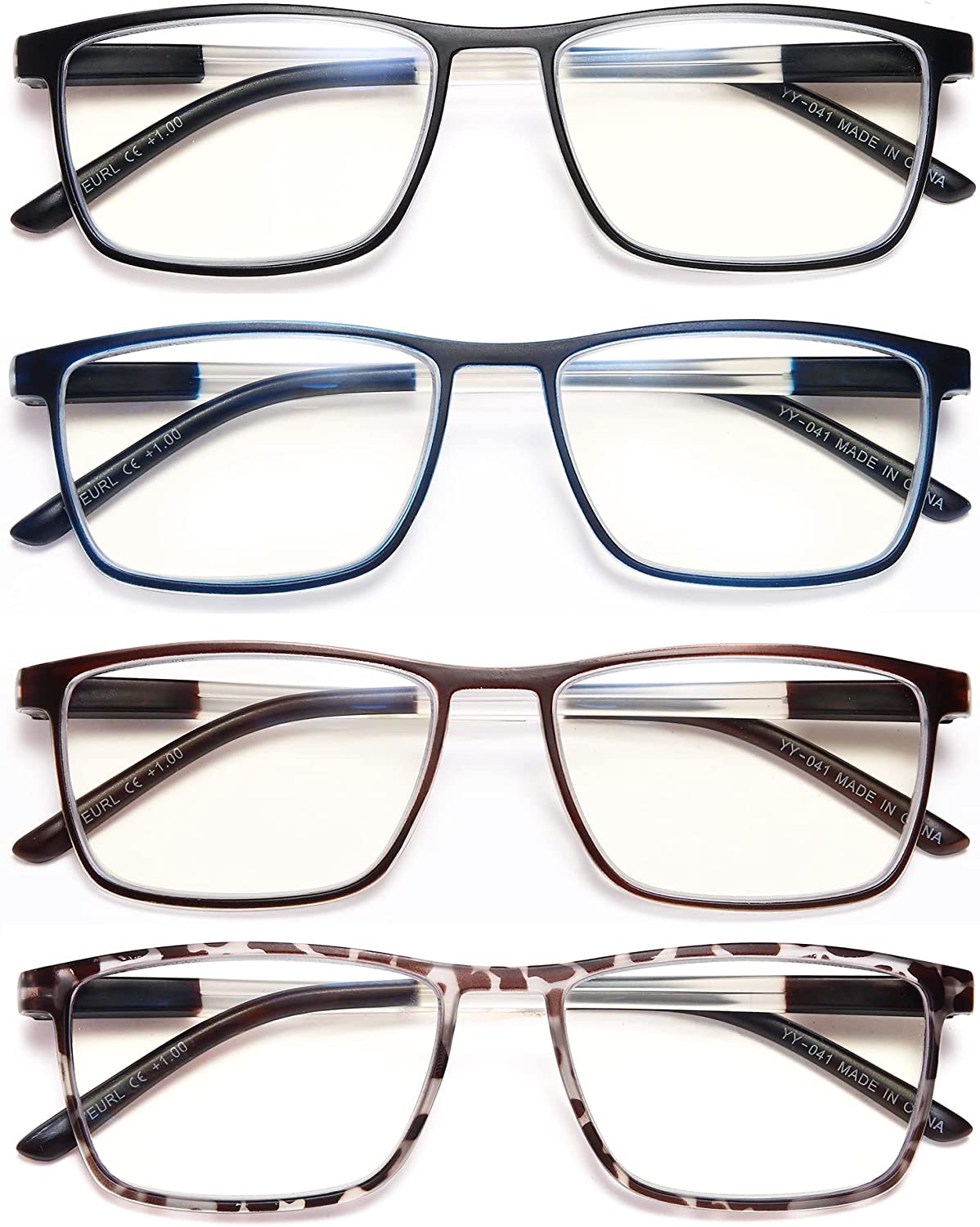 EYEURL 4 Pack Reading Glasses for Men and Women - Blue Light Blocking Computer Readers with Lightweight Spring Hinge