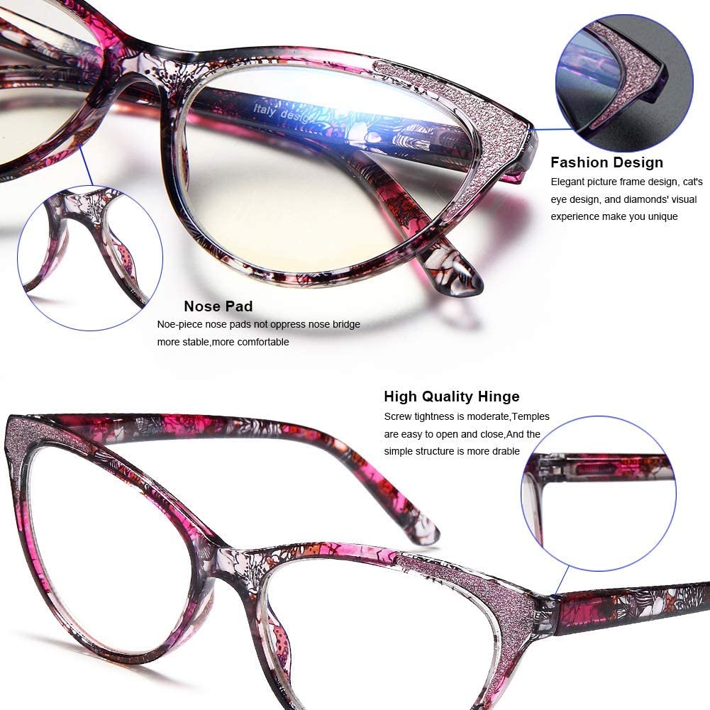 Reading Glasses Women Cateye 2 Pair Computer Blue Light Blocking Glasses Readers Ultra Lightweight Eyeglasses Reduce Eye Fatigue