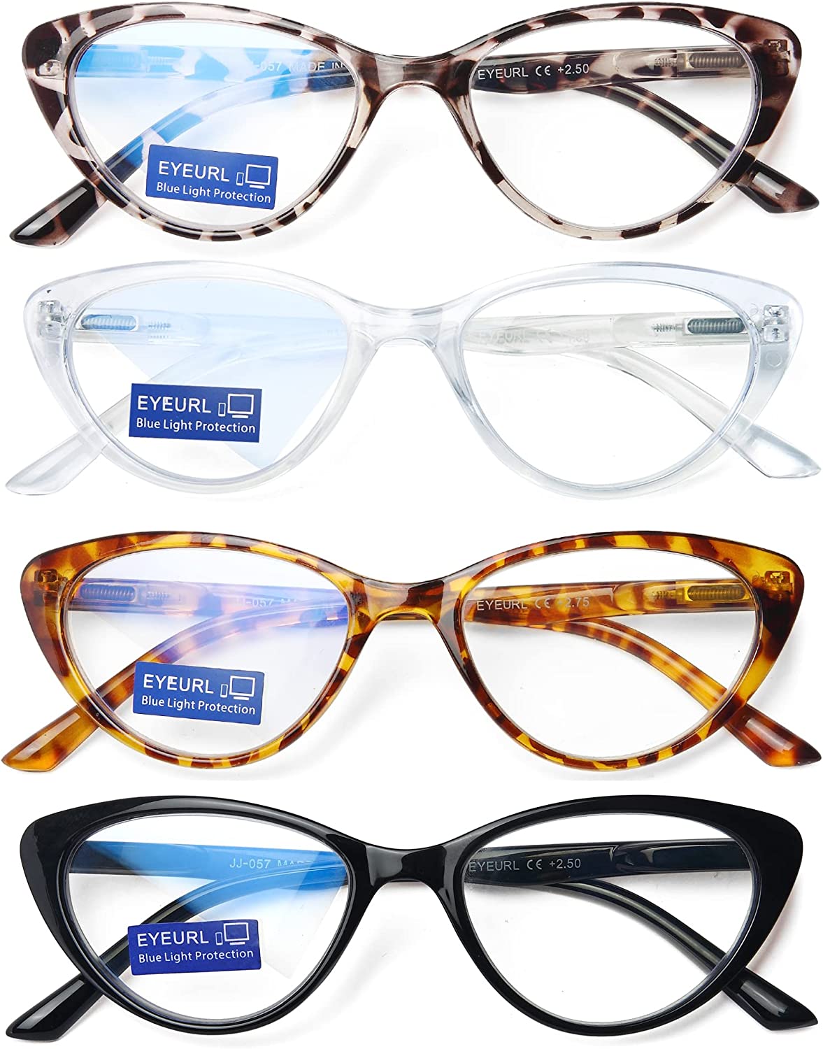 EYEURL 4-Pack Cat Eye Reading Glasses for Women- Blue Light Blocking Readers with Spring Hinges,Anti-Glare Reading Glasses