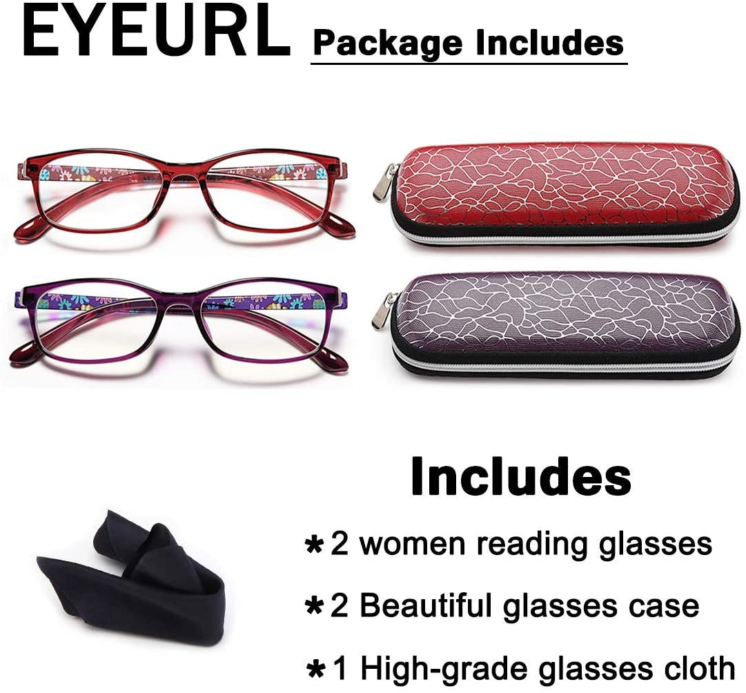 EYEURL Reading Glasses Womens Blue Light Blocking - 2 Pairs Ladies Computer Readers +1.25 Lightweight Colorful Eyeglass