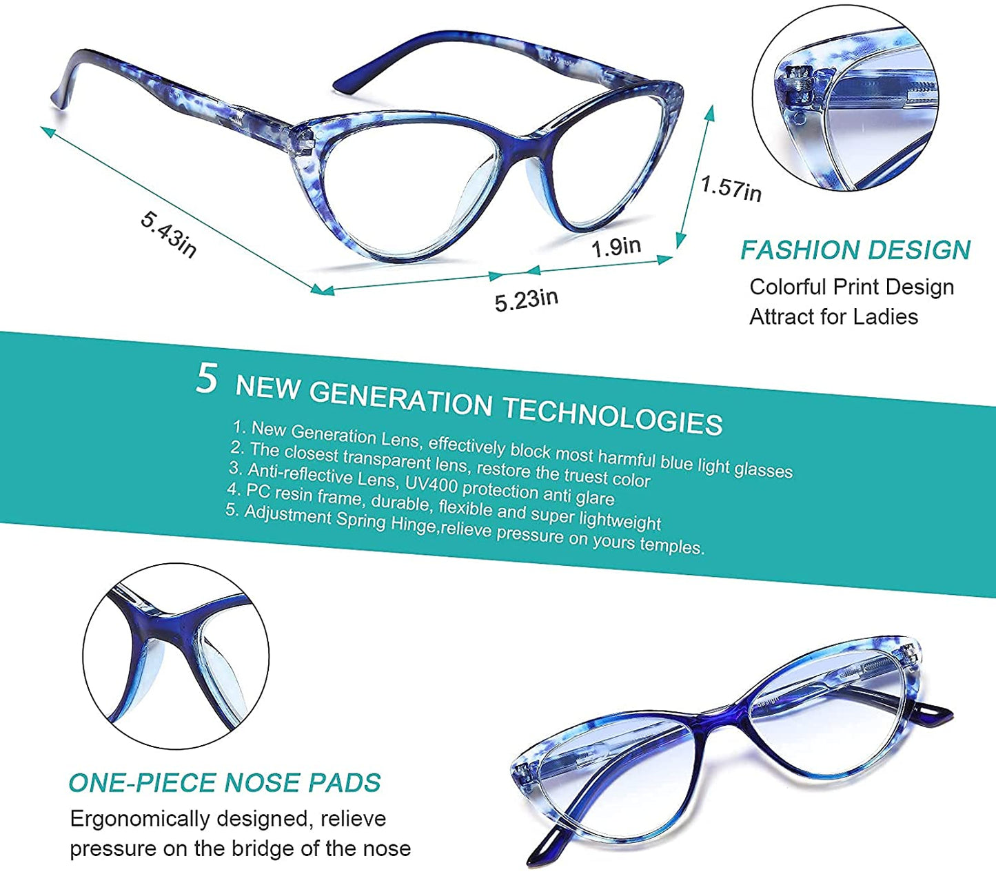 EYEURL 2 Pack Cat Eye Reading Glasses for Women - 1.25 Magnification, Blue Light Blocking Computer Readers, Ultra-Light with Spring Hinge, Stylish Pattern Design