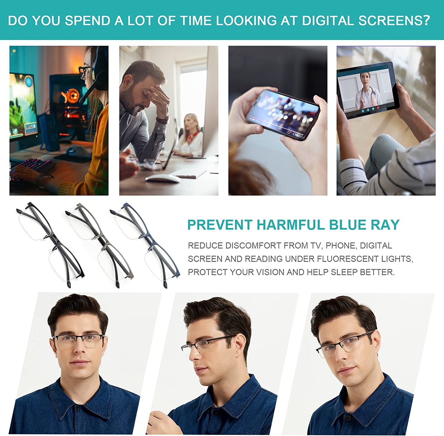 EYEURL 3 Pack Reading Glasses for Men and Women, Rectangular Metal Half Frame Blue Light Blocking Readers Anti Eyestrain 1.0