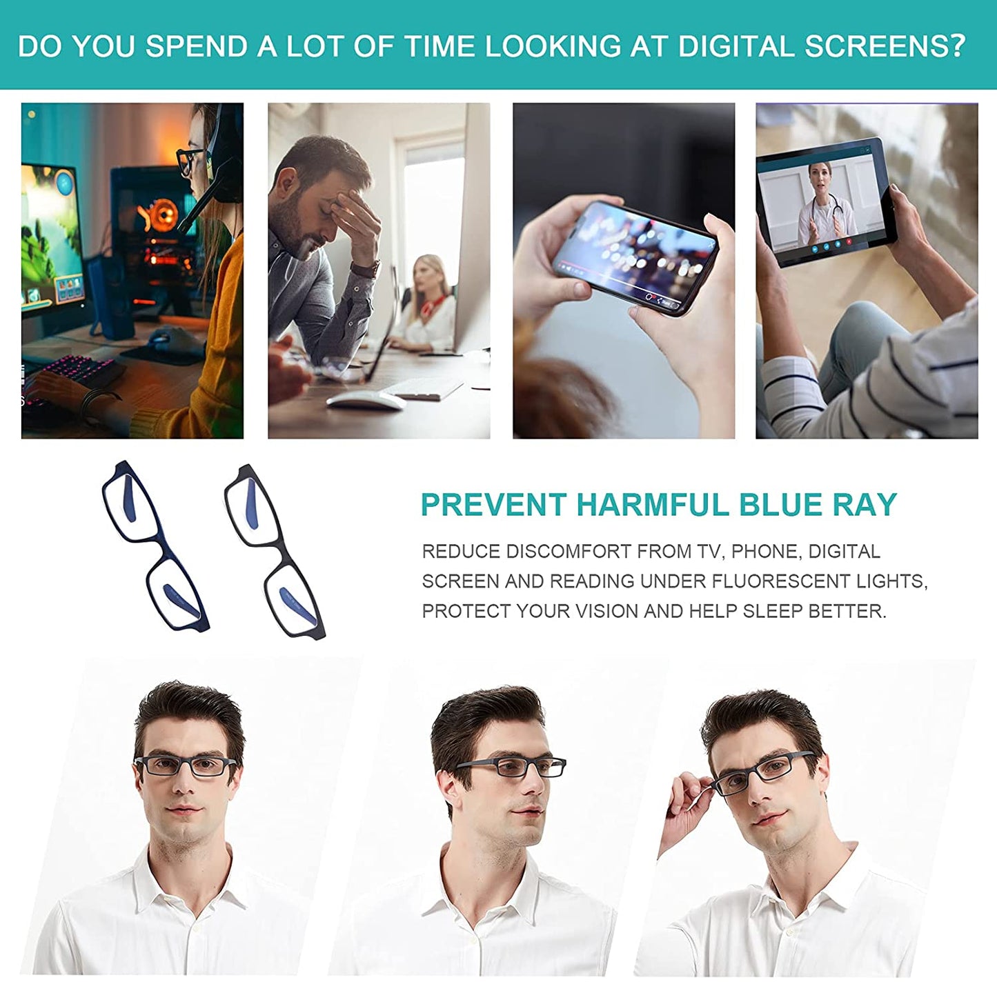 EYEURL Reading Glasses Neck Hanging 2 Pairs Blue Light Blocking Glasses for Men and Women 1.5xx