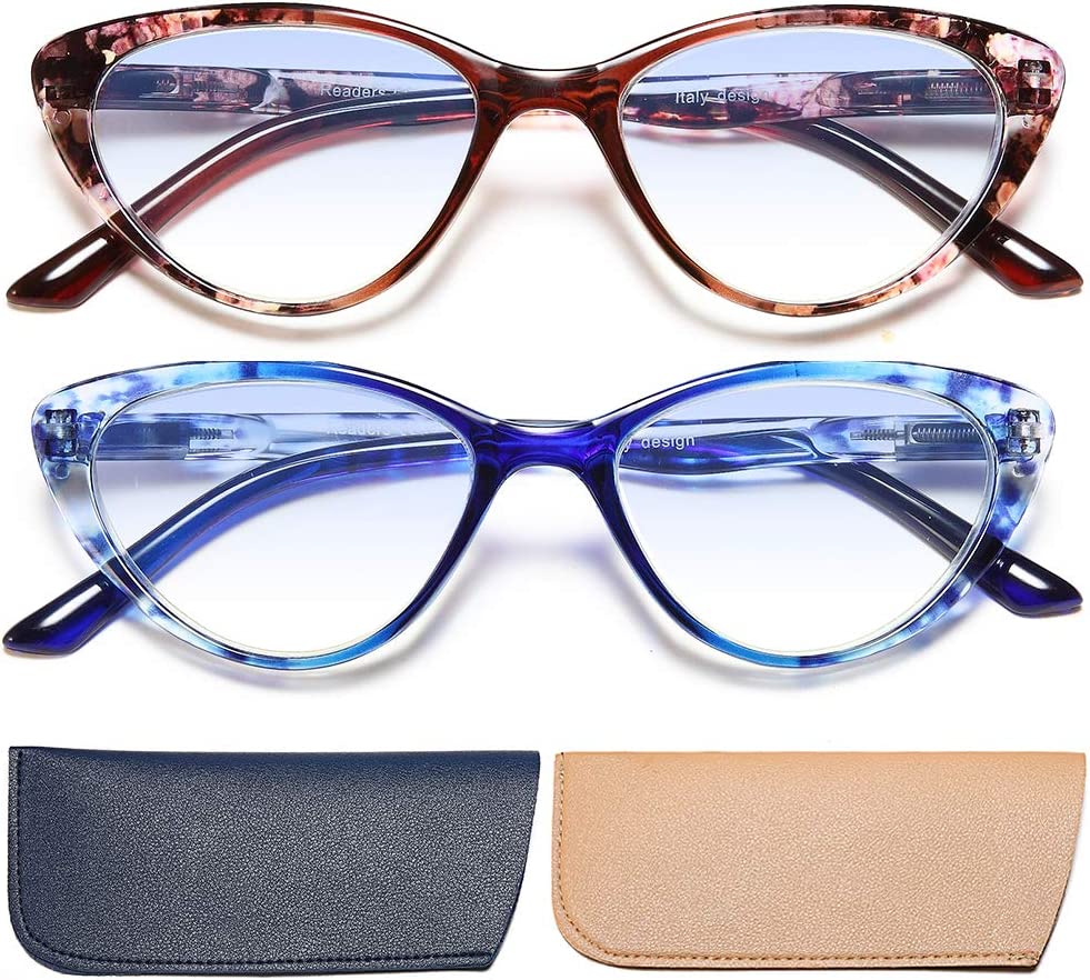 Cat Eye Reading Glasses for Womens -EYEURL 2 Pack of Computer Blue Light Blocking Readers +1.25 Spring Hinge Pattern Design Eyeglass Choose Your Magnification