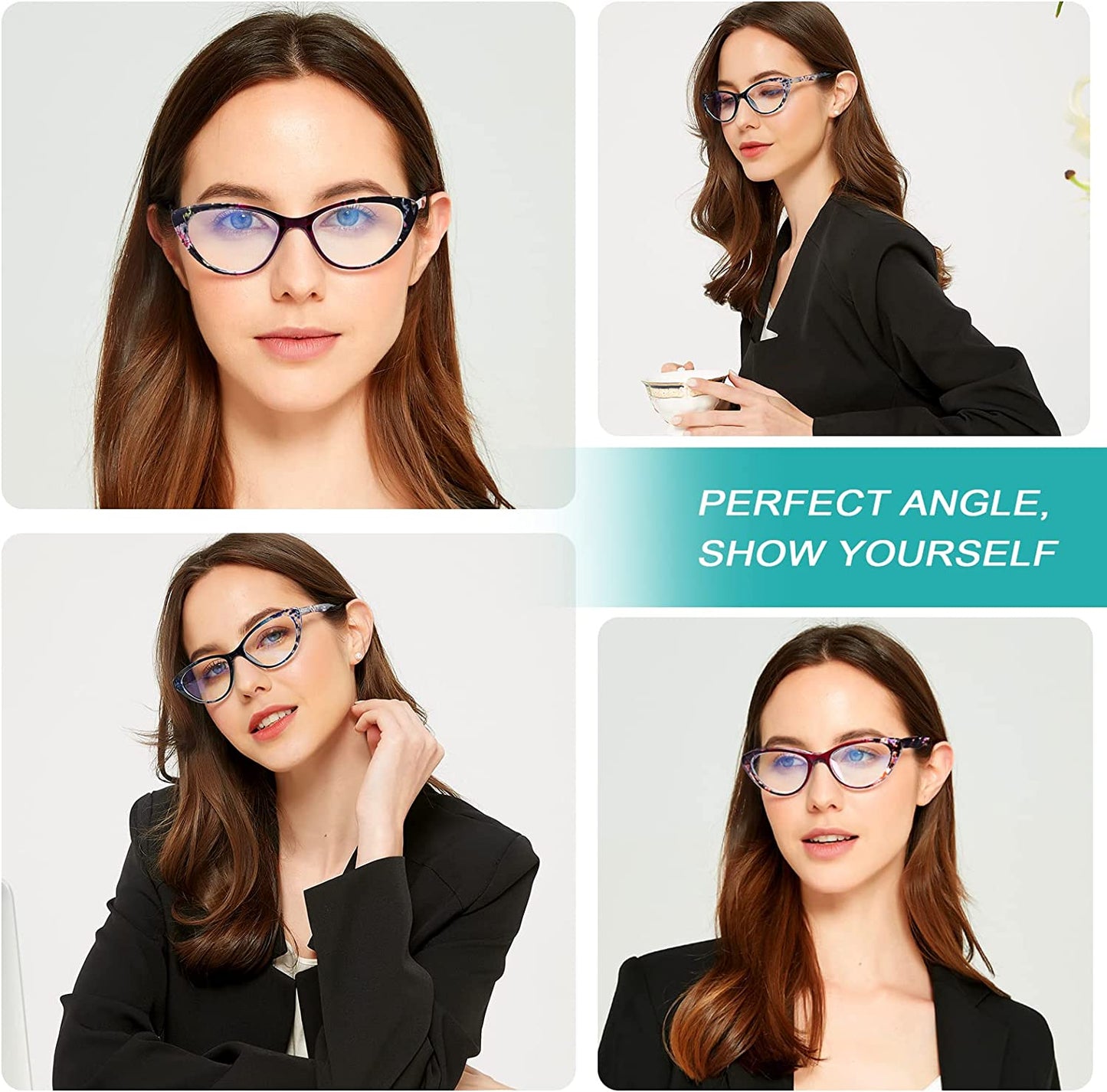 EYEURL 2 Pack Cat Eye Reading Glasses for Women - 1.25 Blue Light Blocking Computer Readers with Spring Hinge, Ultra-Light Pattern Design Eyeglasses