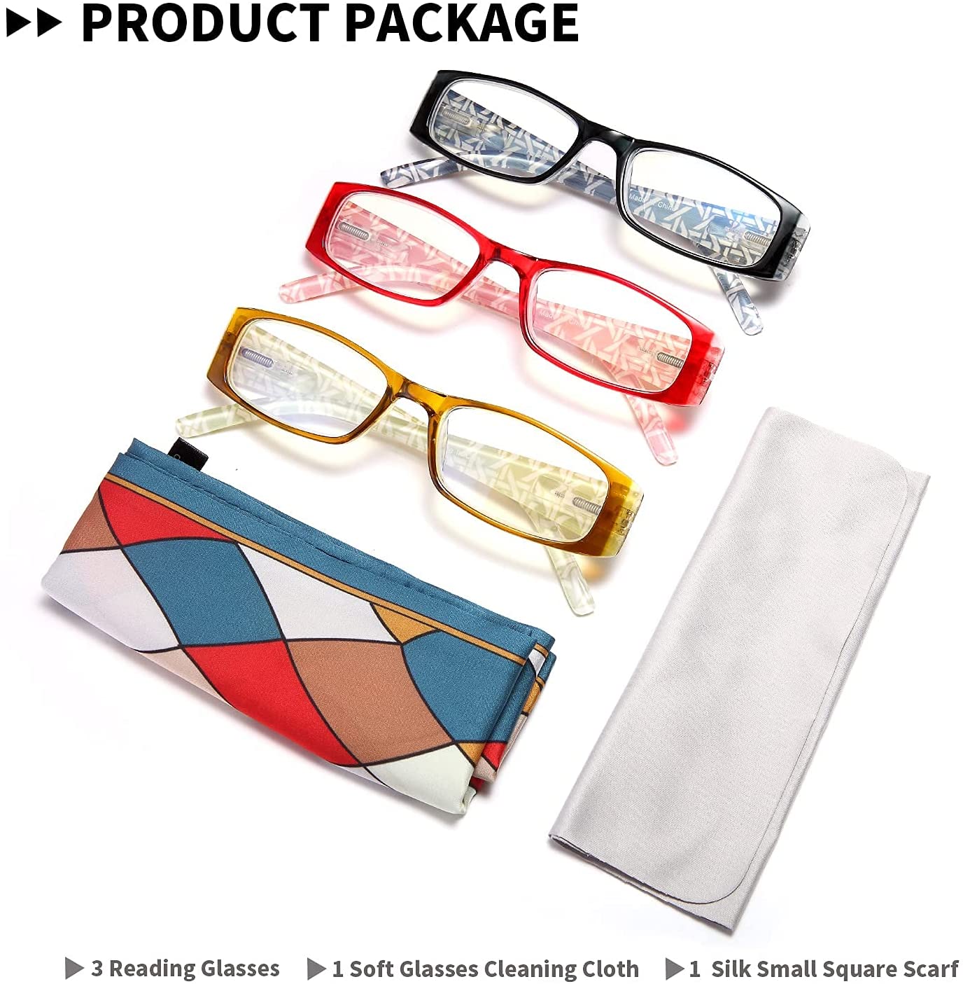 EYEURL 3 Pack Reading Glasses for Women - Blue Light Blocking, Fashion Computer Readers with Spring Hinge, Colorful Pattern in Red/Black/Yellow, 2.0 Magnification