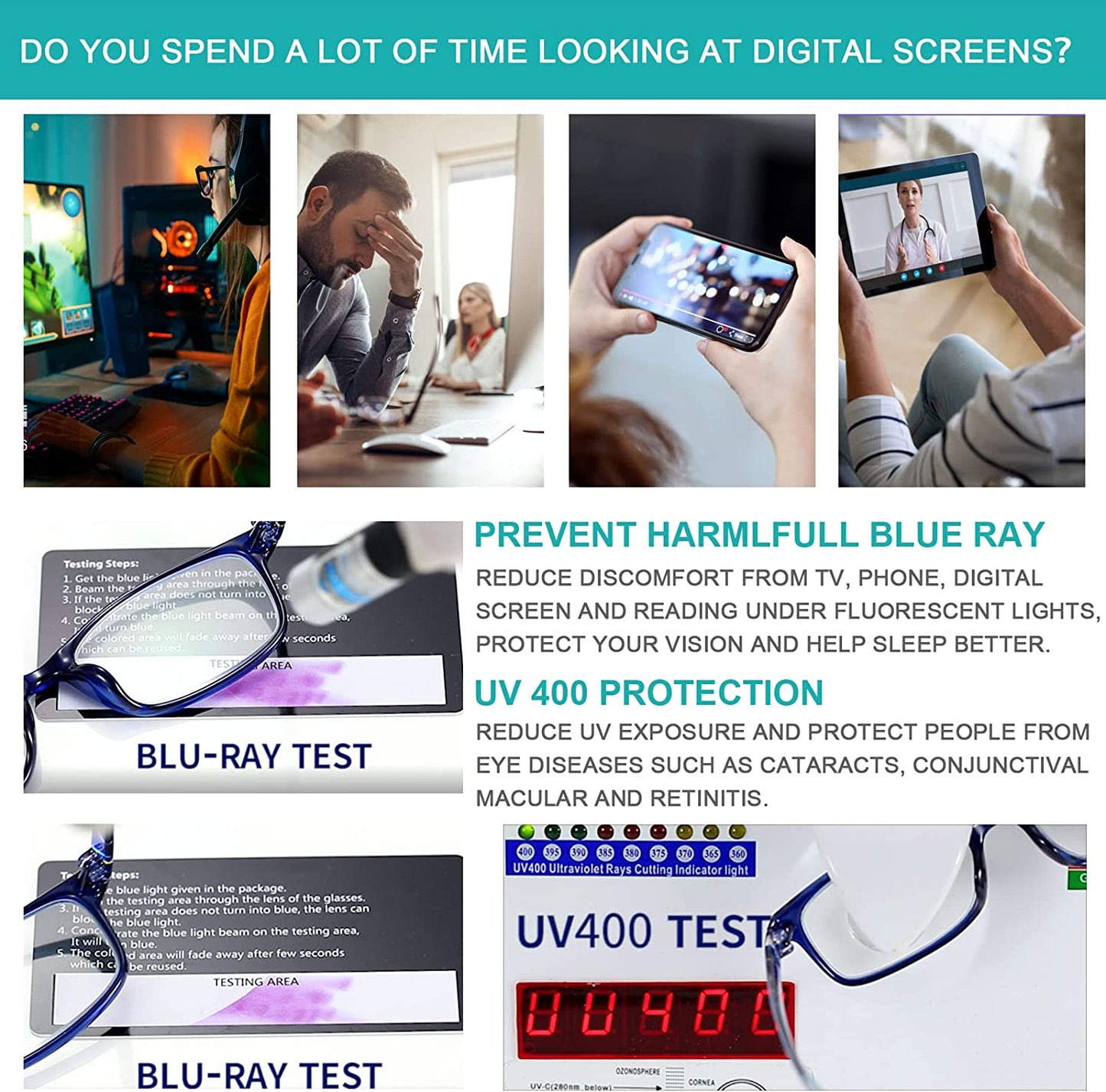 Women’s Blue Light Blocking Readers - 2 Pairs of TR90 Rectangular Computer Glasses, Anti-Blue Screen Nerd Eyewear