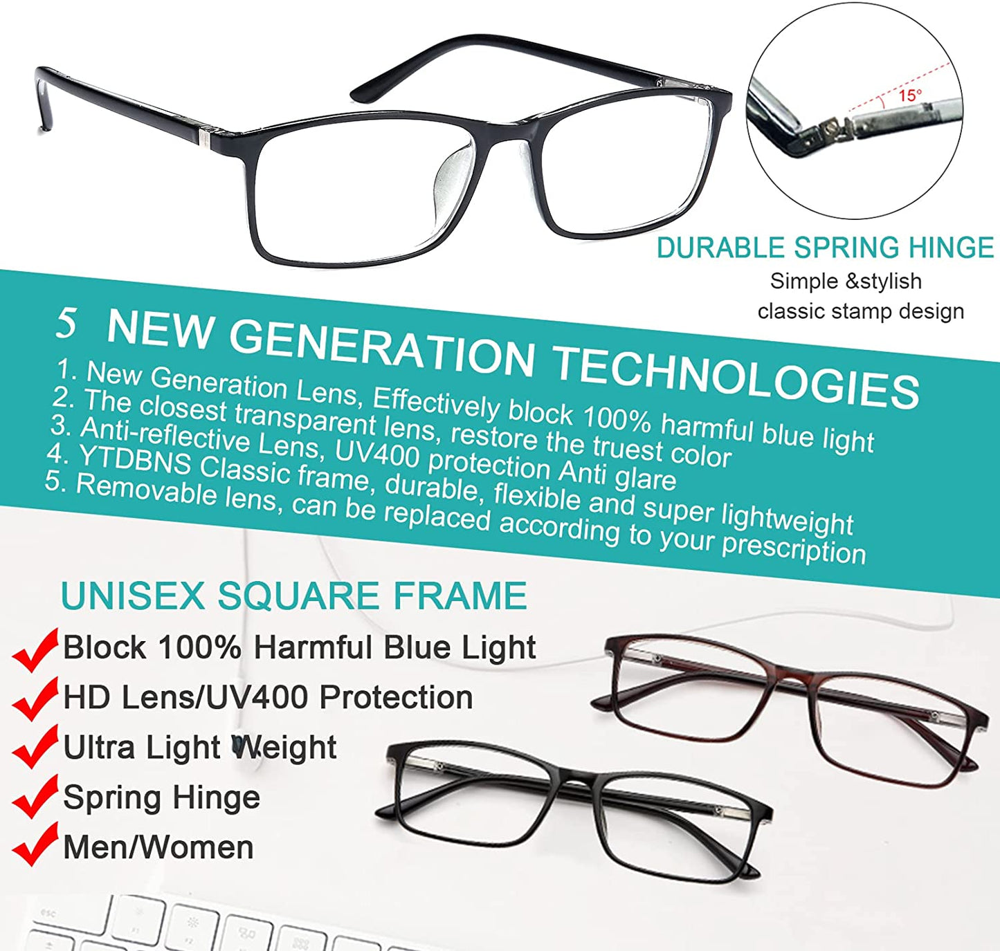 Reading Glasses Blue Light Blocking - 2 Pack Readers Men Women Rectangle Computer Eyeglass