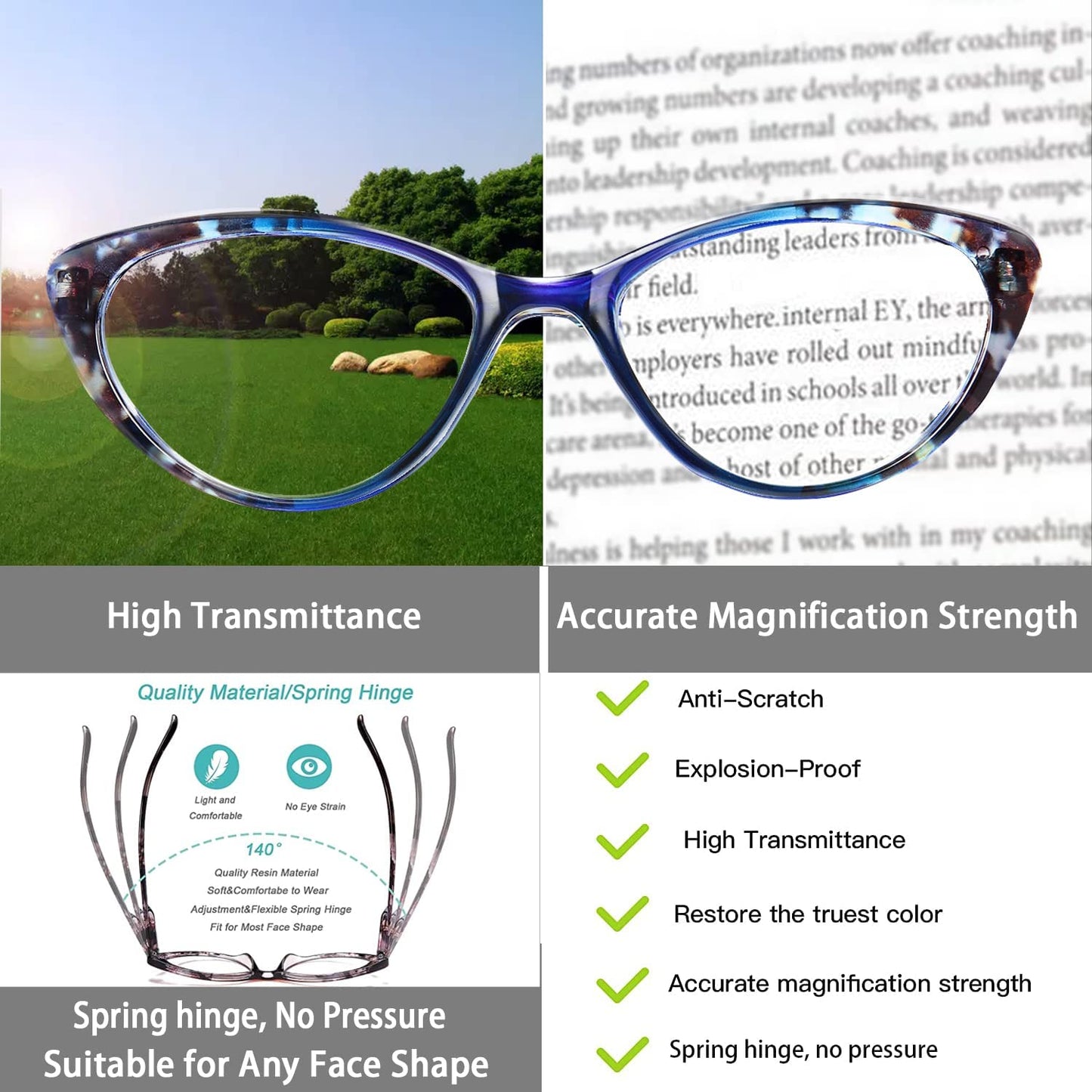 EYEURL 2 Pack Cat Eye Reading Glasses for Women - 1.25 Blue Light Blocking Computer Readers with Spring Hinge, Ultra-Light Pattern Design Eyeglasses