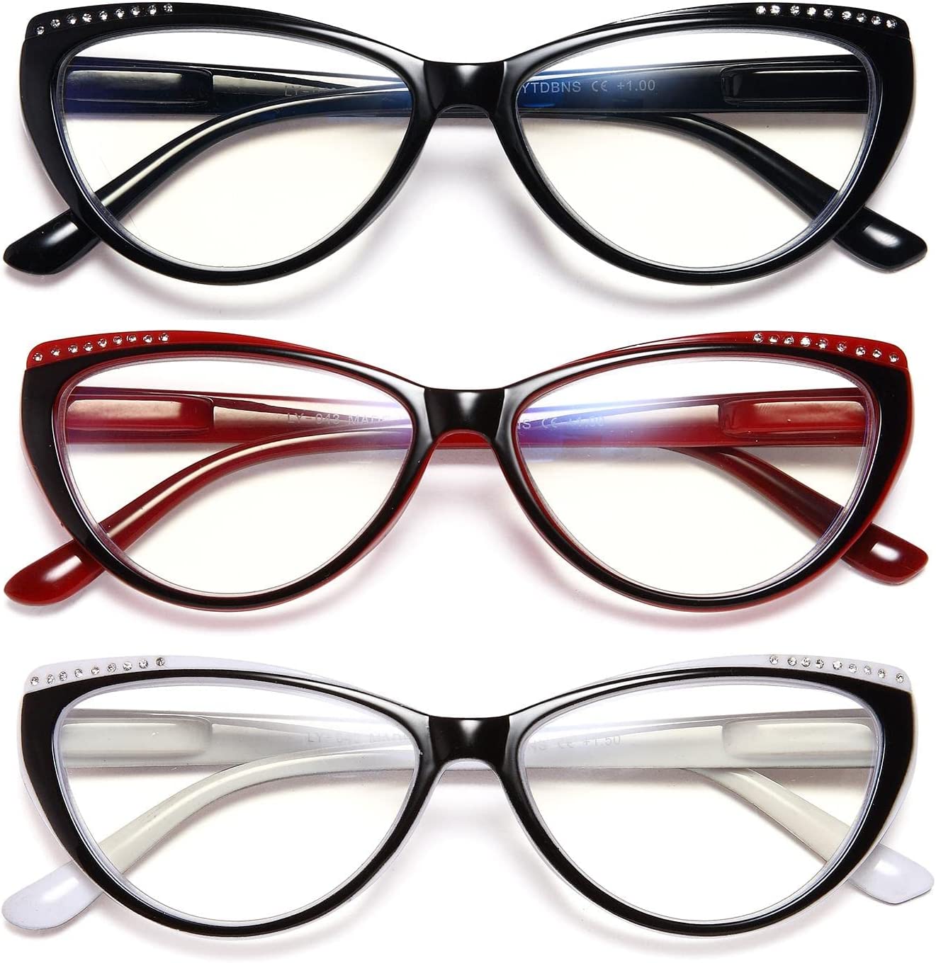 YTDBNS Blue Light Blocking Reading Glasses for Women - 3 Pack, Lightweight Cat Eye Readers with Spring Hinges, Fashion Designer Glasses, 1.5 Magnification