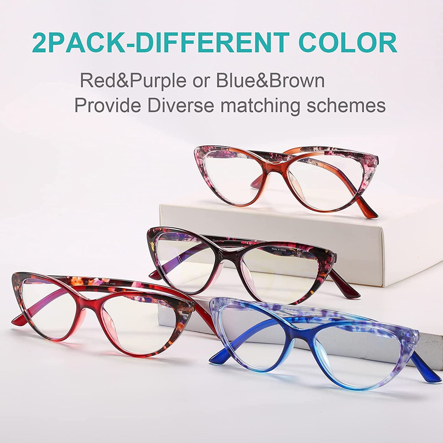 EYEURL 2 Pack Cat Eye Reading Glasses for Women - 1.25 Magnification, Blue Light Blocking Computer Readers, Ultra-Light with Spring Hinge, Stylish Pattern Design