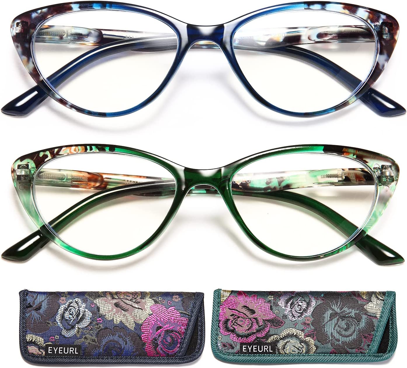 Cat Eye Reading Glasses for Womens -EYEURL 2 Pack of Computer Blue Light Blocking Readers +1.25 Spring Hinge Pattern Design Eyeglass Choose Your Magnification