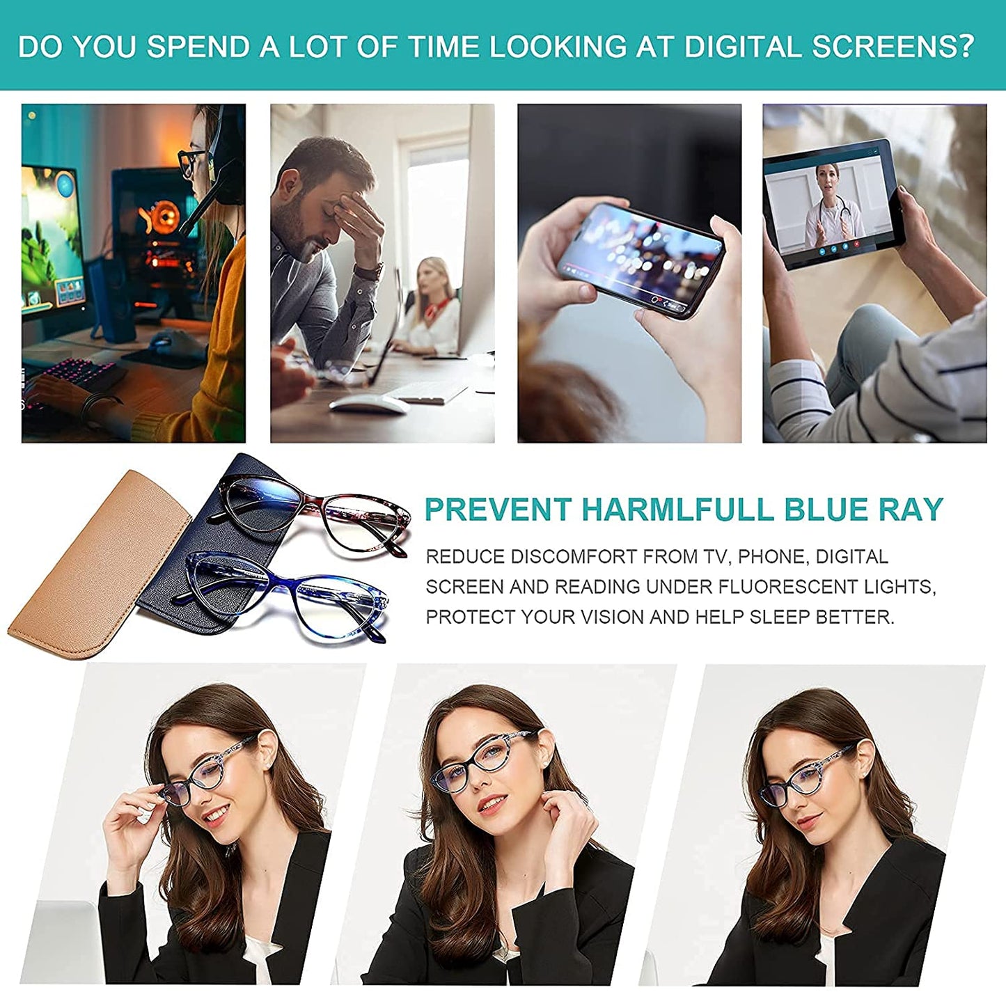 EYEURL 2 Pack Cat Eye Reading Glasses for Women - 1.25 Magnification, Blue Light Blocking Computer Readers, Ultra-Light with Spring Hinge, Stylish Pattern Design