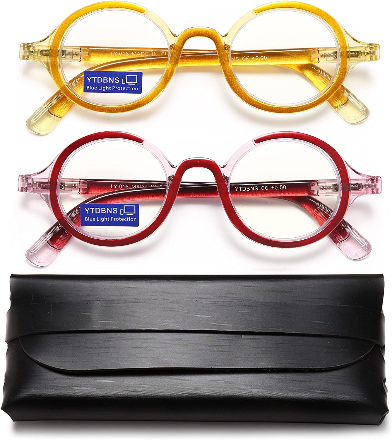 Blue Light Blocking Reading Glasses for Women and Men, 2-Pack Round Readers with Spring Hinges, 1.25x Magnification