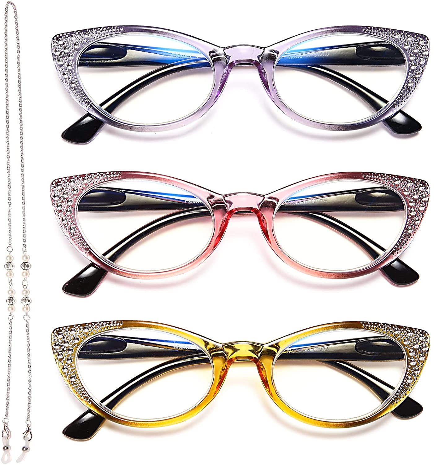 Cat Eye Reading Glasses Women Blue Light Blocking -EYEURL 3 Pack Computer Readers Spring Hinge Lightweight Frames
