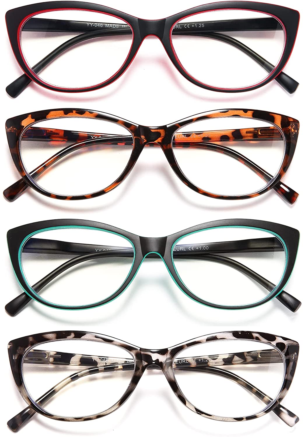 EYEURL 4 Pack Cat Eye Reading Glasses for Women, Blue Light Blocking Readers Lightweight Spring Hinge Fashion Eyeglasses