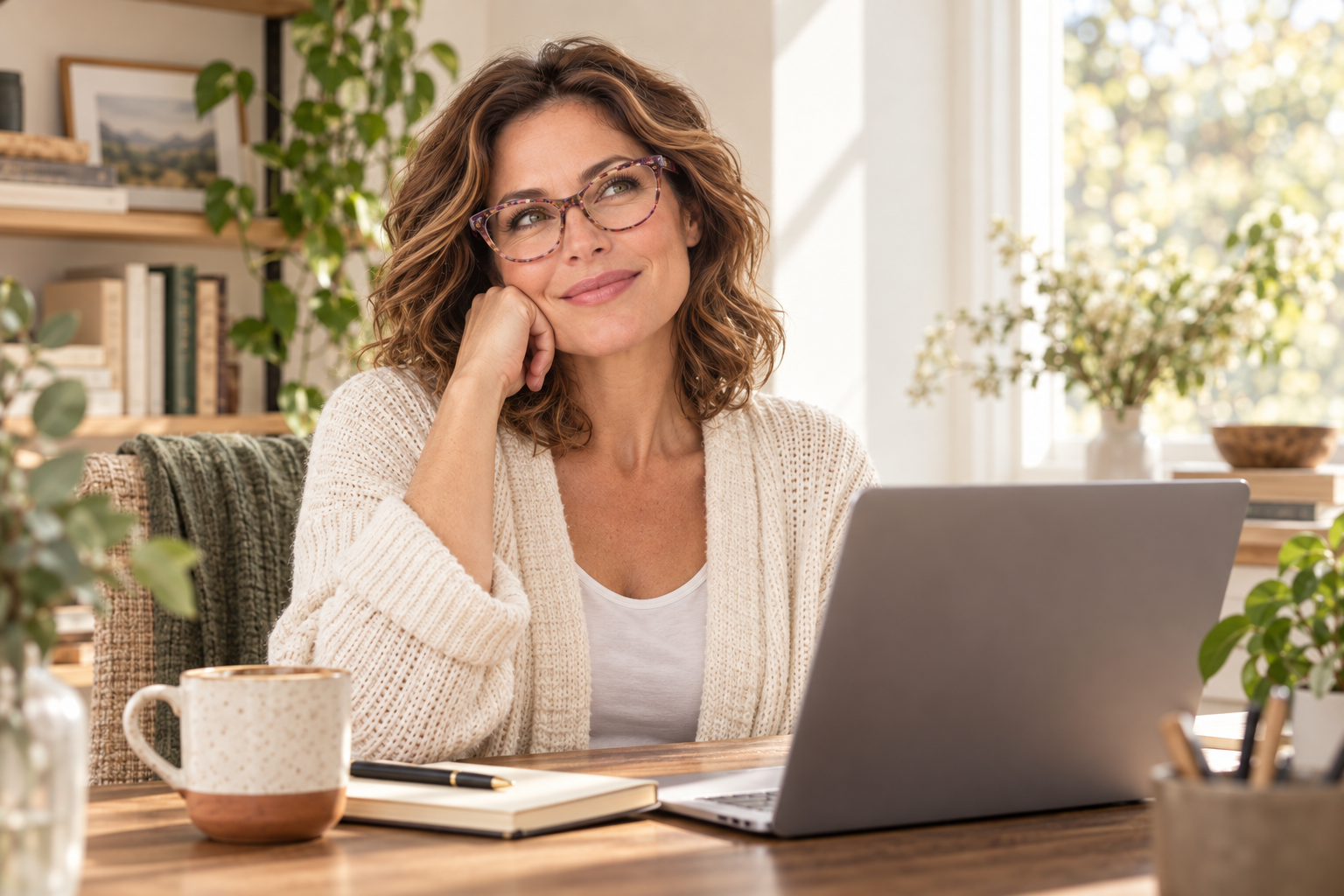 Woman wearing reading glasses while taking a screen break