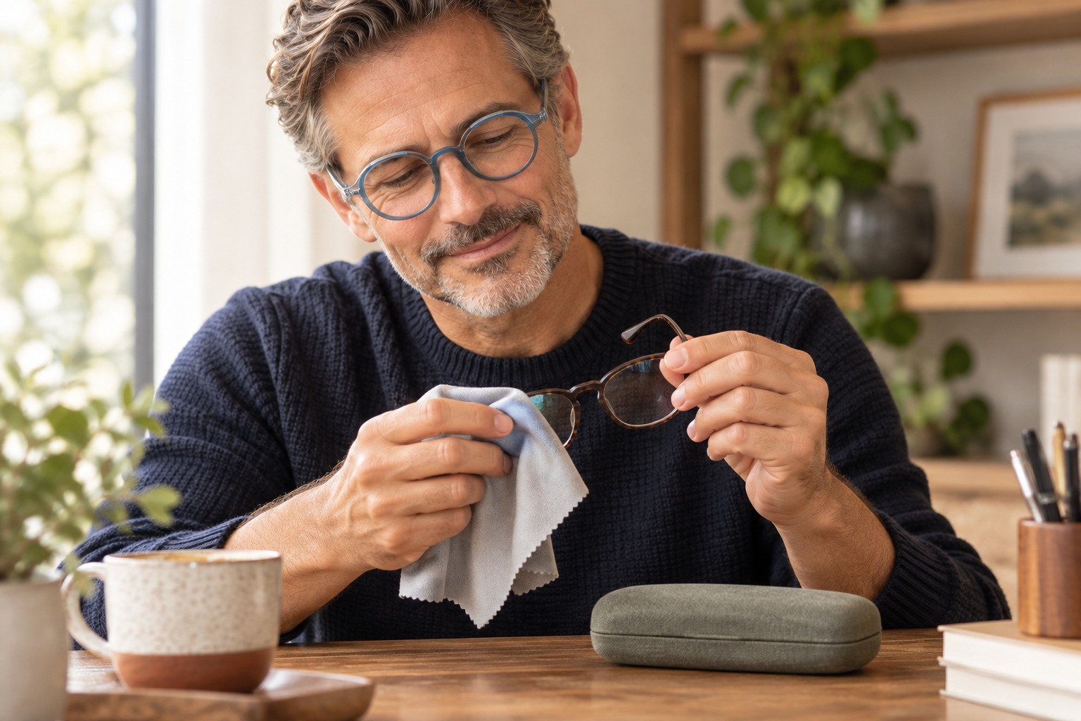 Man cleaning reading glasses with a microfiber cloth