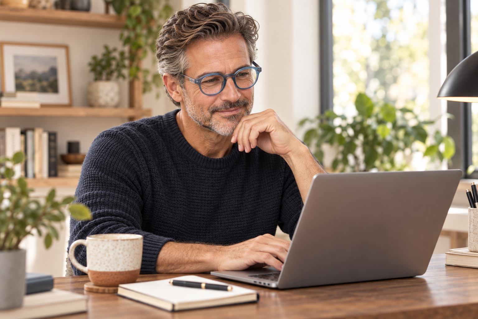 Man wearing reading glasses while working at a home desk