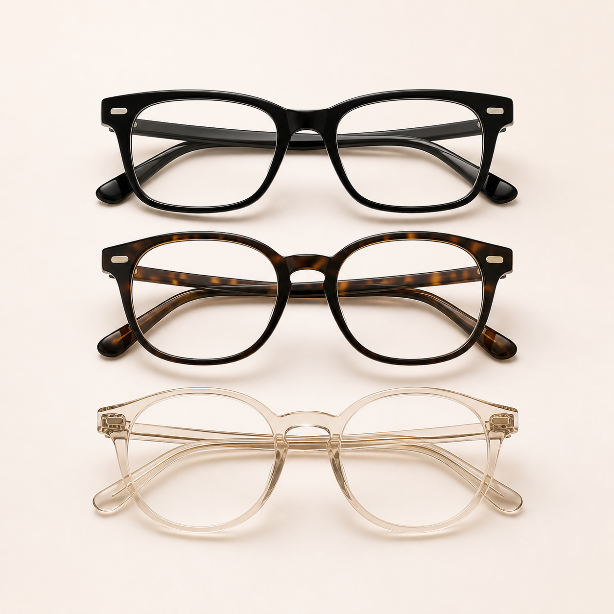 Full-rim reading glasses in black, tortoiseshell, and champagne frames