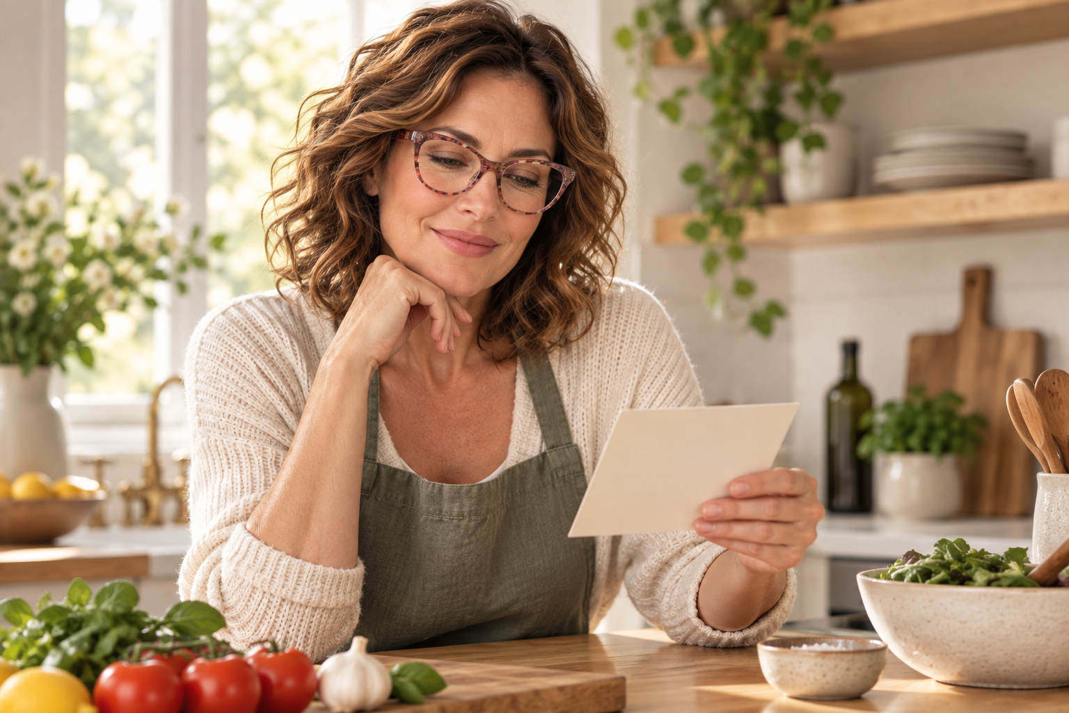 Woman wearing reading glasses while checking a recipe