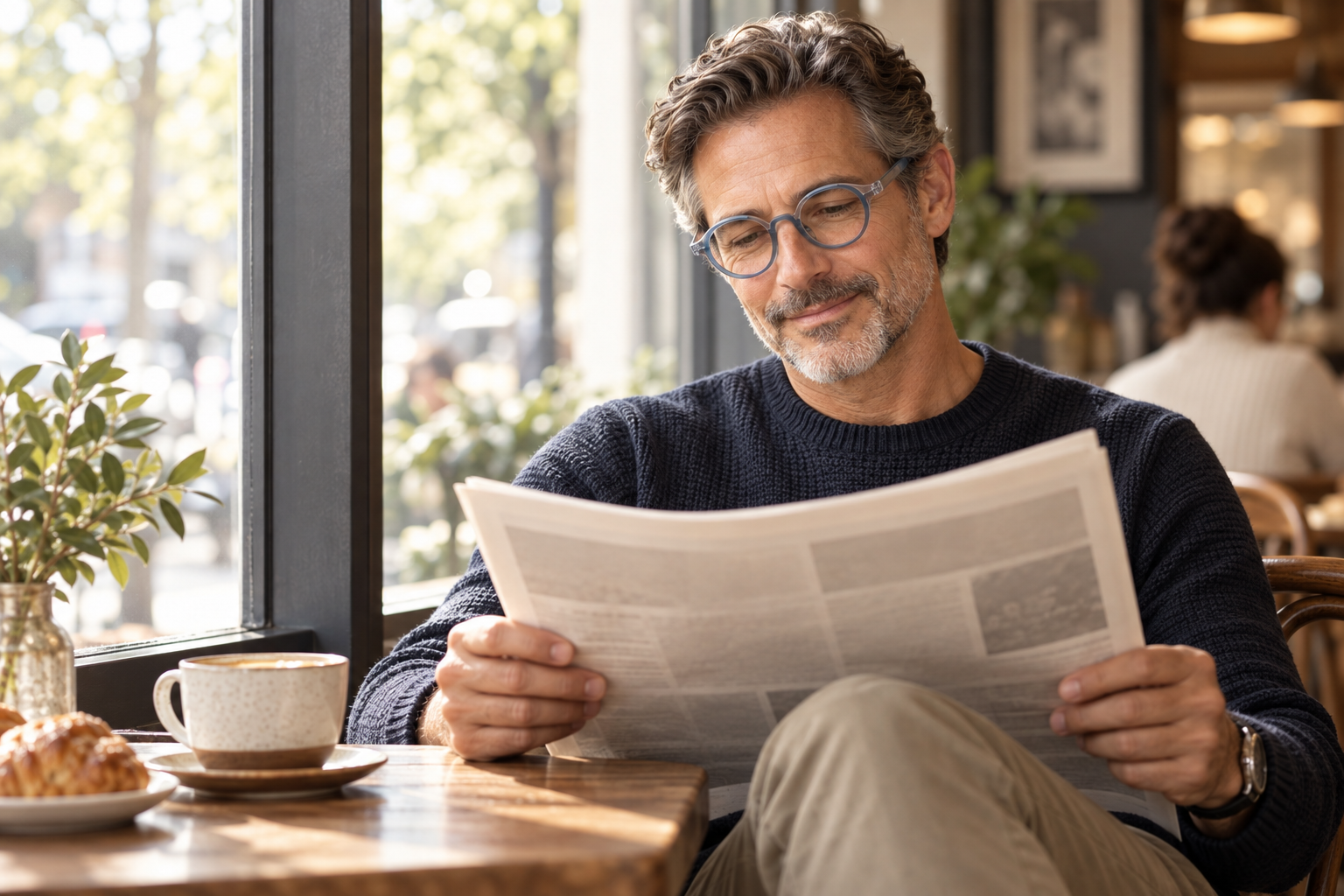 Man wearing classic round reading glasses at a cafe