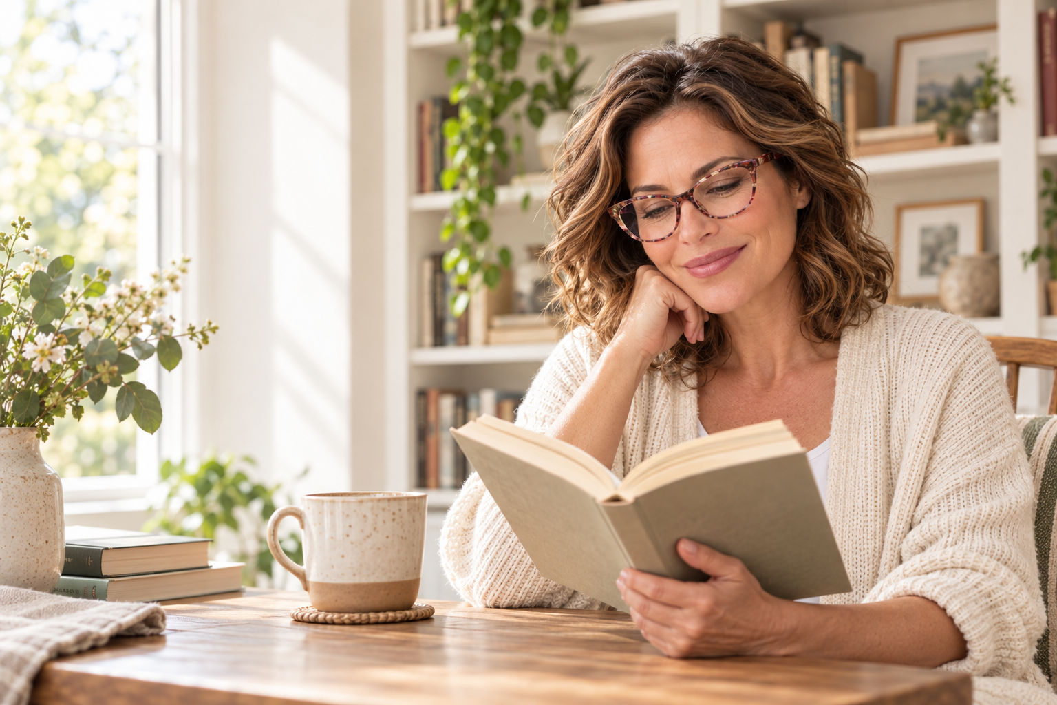 Woman reading a book while wearing tortoiseshell reading glasses