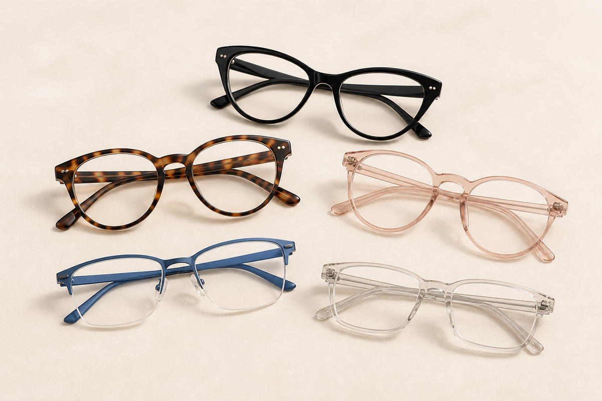 Five pairs of EYEURL reading glasses arranged on a warm neutral background