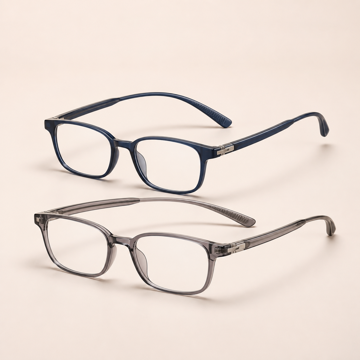Flexible-temple reading glasses in navy and smoky gray frames