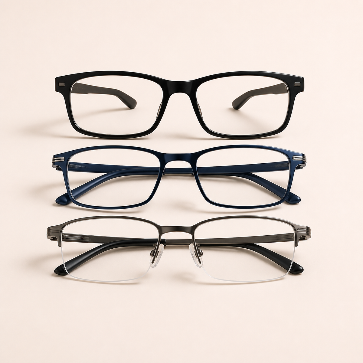 Men's reading glasses in black, navy, and gunmetal styles