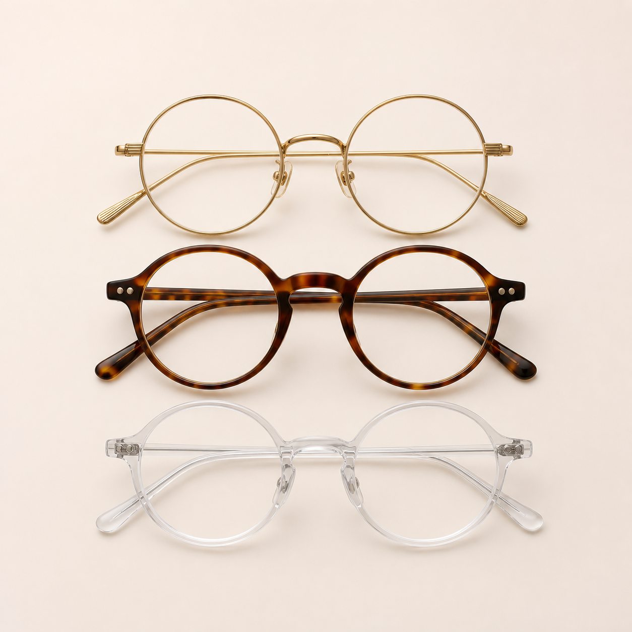 Round reading glasses in gold, tortoiseshell, and clear frames