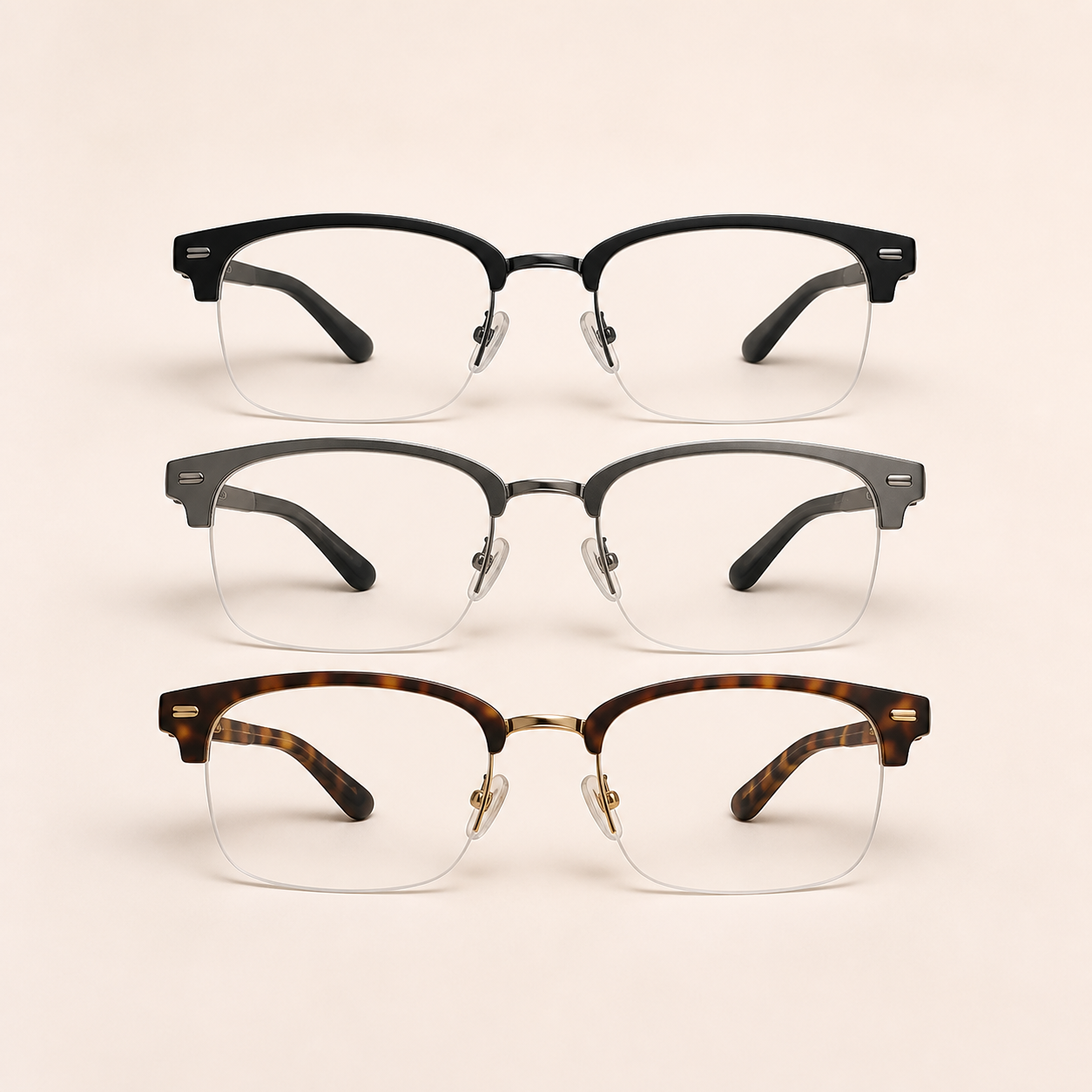 Semi-rimless reading glasses in black, gunmetal, and tortoiseshell