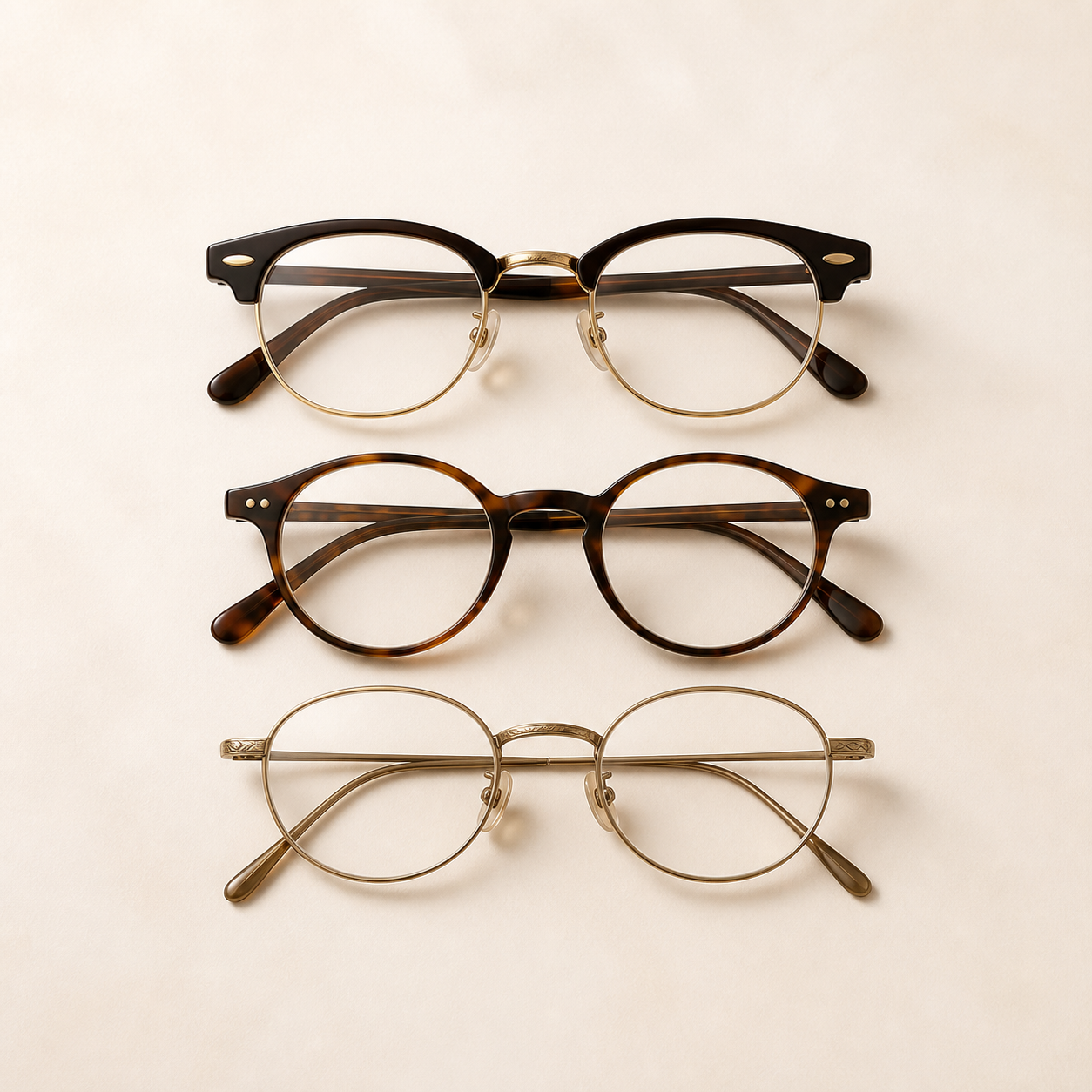 Vintage-inspired browline, round tortoiseshell, and gold reading glasses